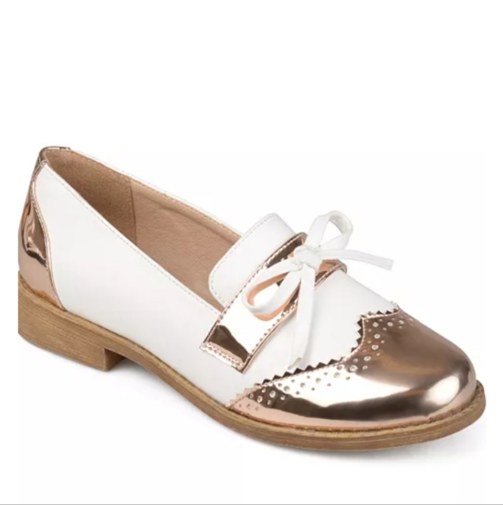 Journee Collection White and Rose Gold Metallic Brogue Loafers